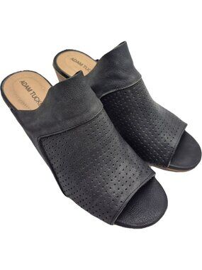 Adam Tucker Mylee Heeled Mule Slide Sandals Women's 6.5 Black Leather Perforated